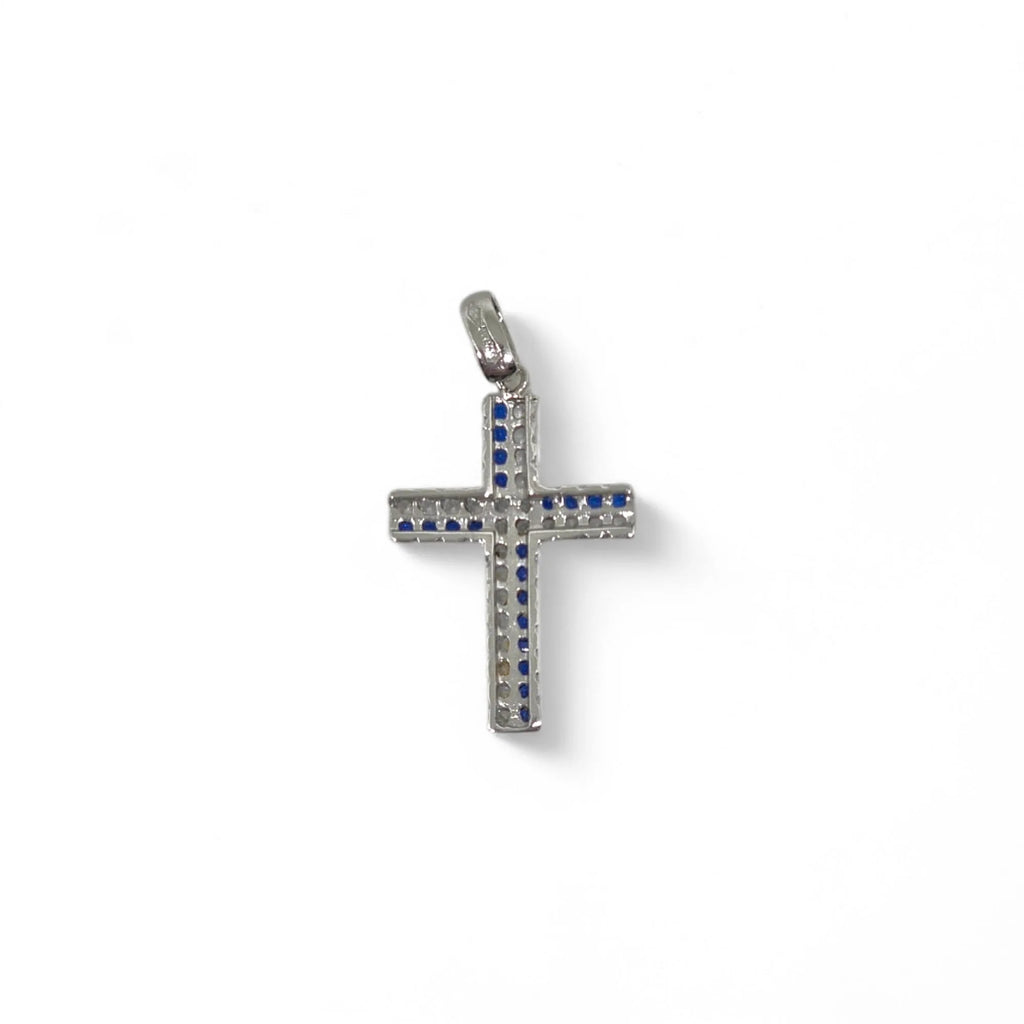 Pendente croce in oro 18 carati con zirconi bianchi e blu
