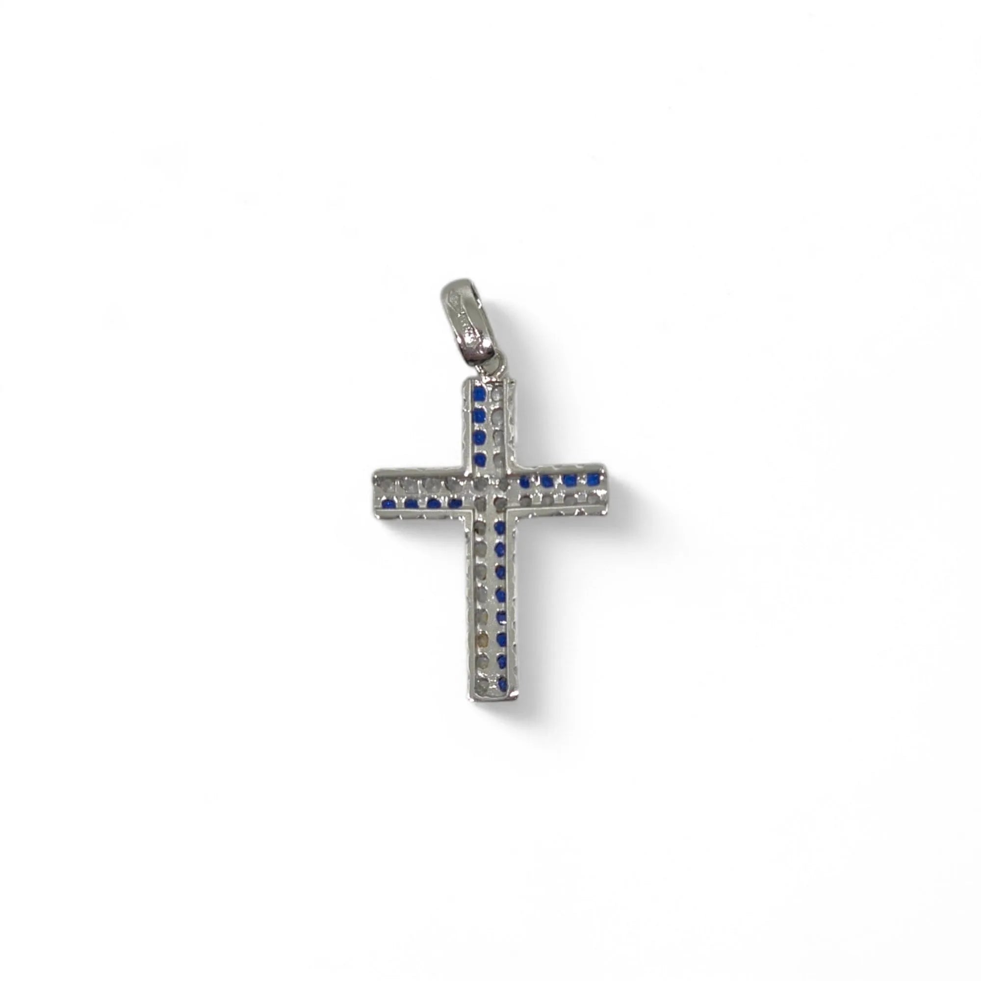 Pendente croce in oro 18 carati con zirconi bianchi e blu
