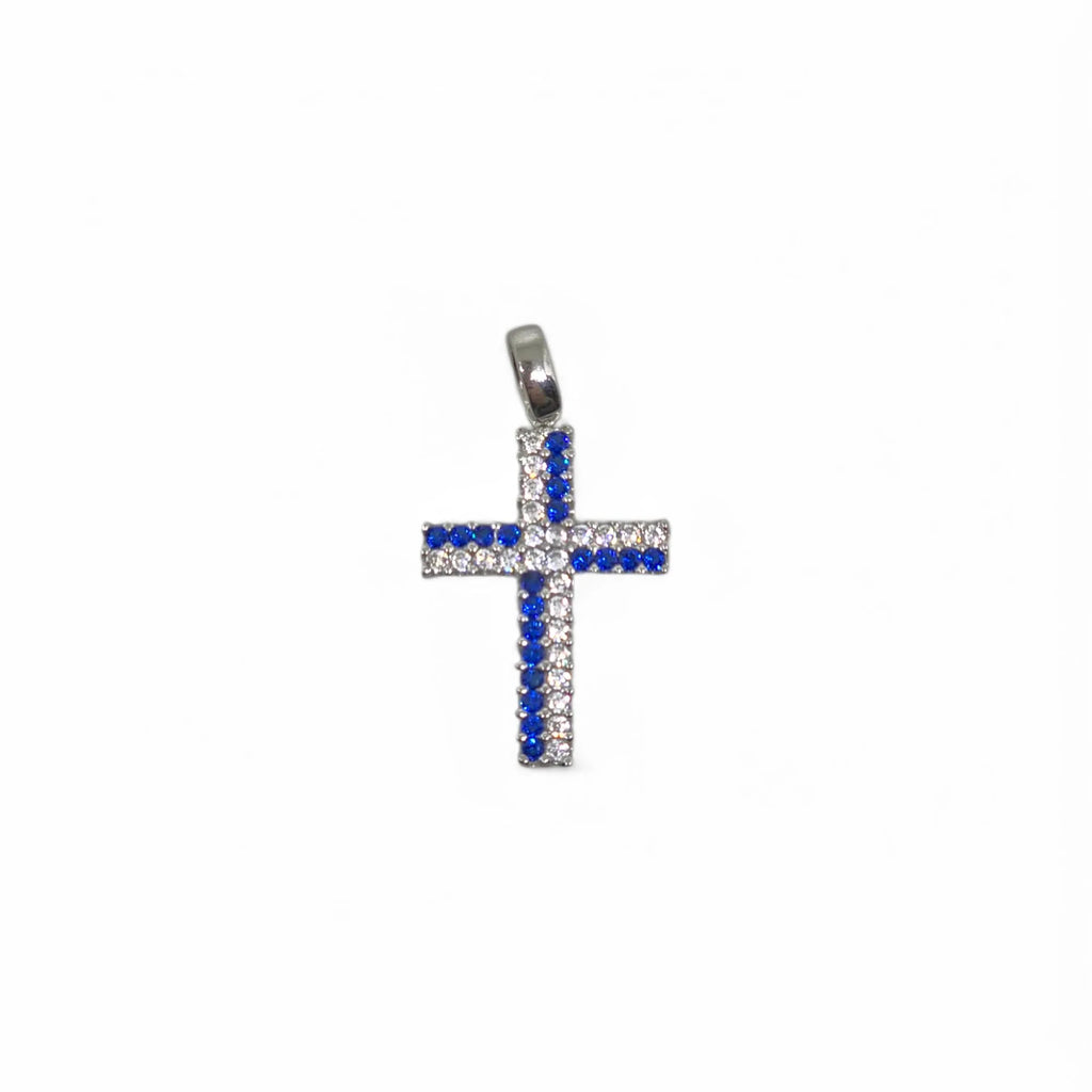 Pendente croce in oro 18 carati con zirconi bianchi e blu