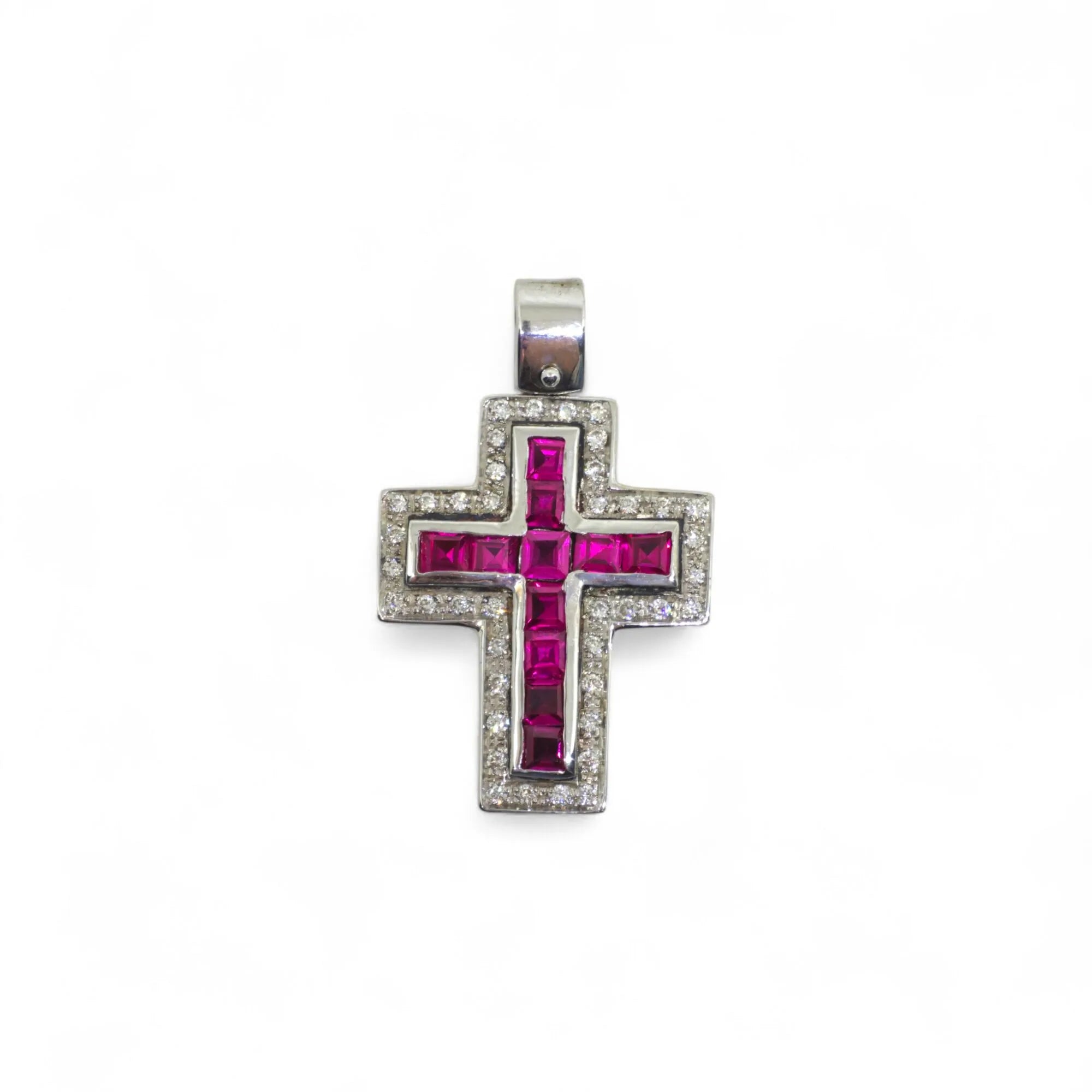 Pendente croce in oro bianco 18 kt con rubini rossi