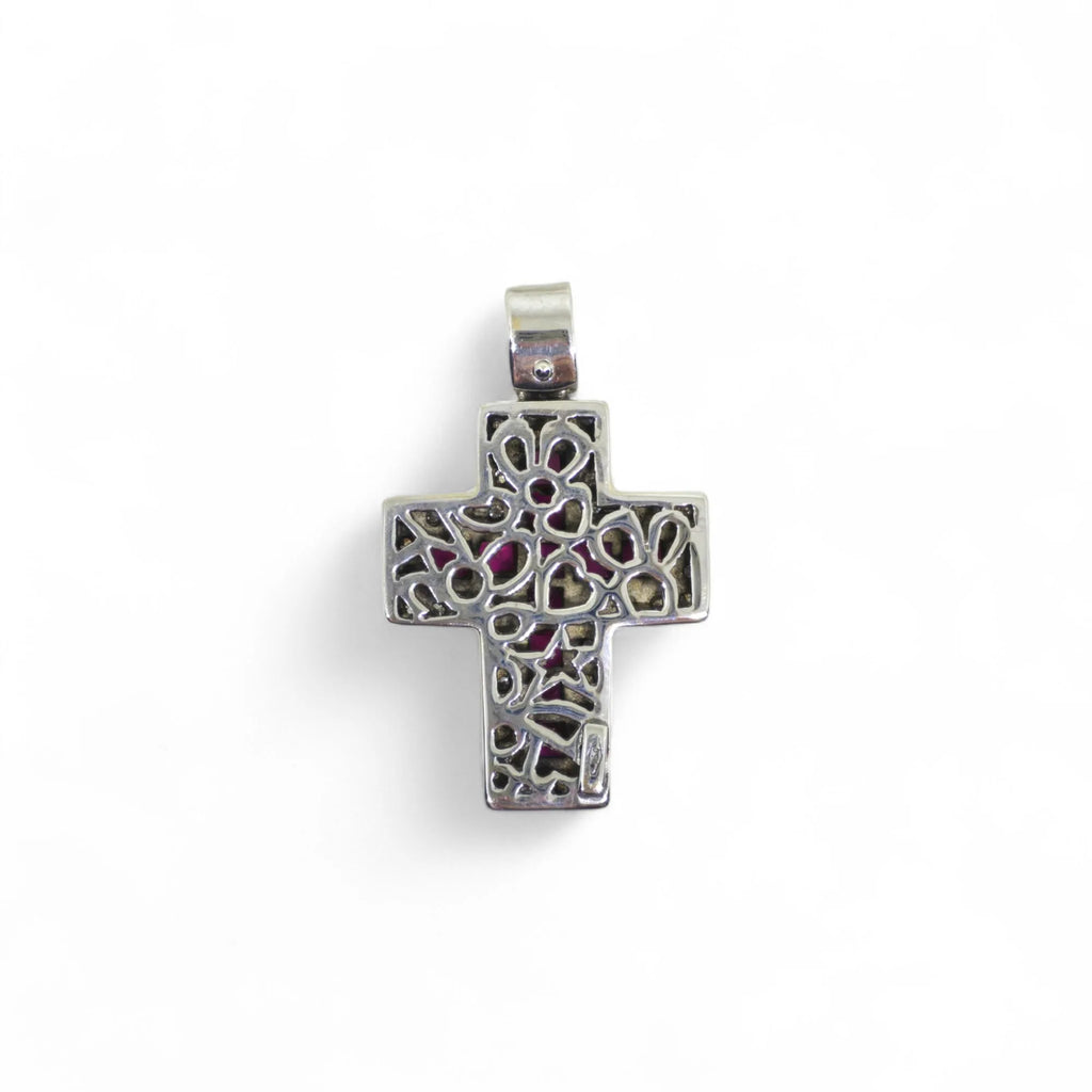 Pendente croce in oro bianco 18 kt con rubini rossi