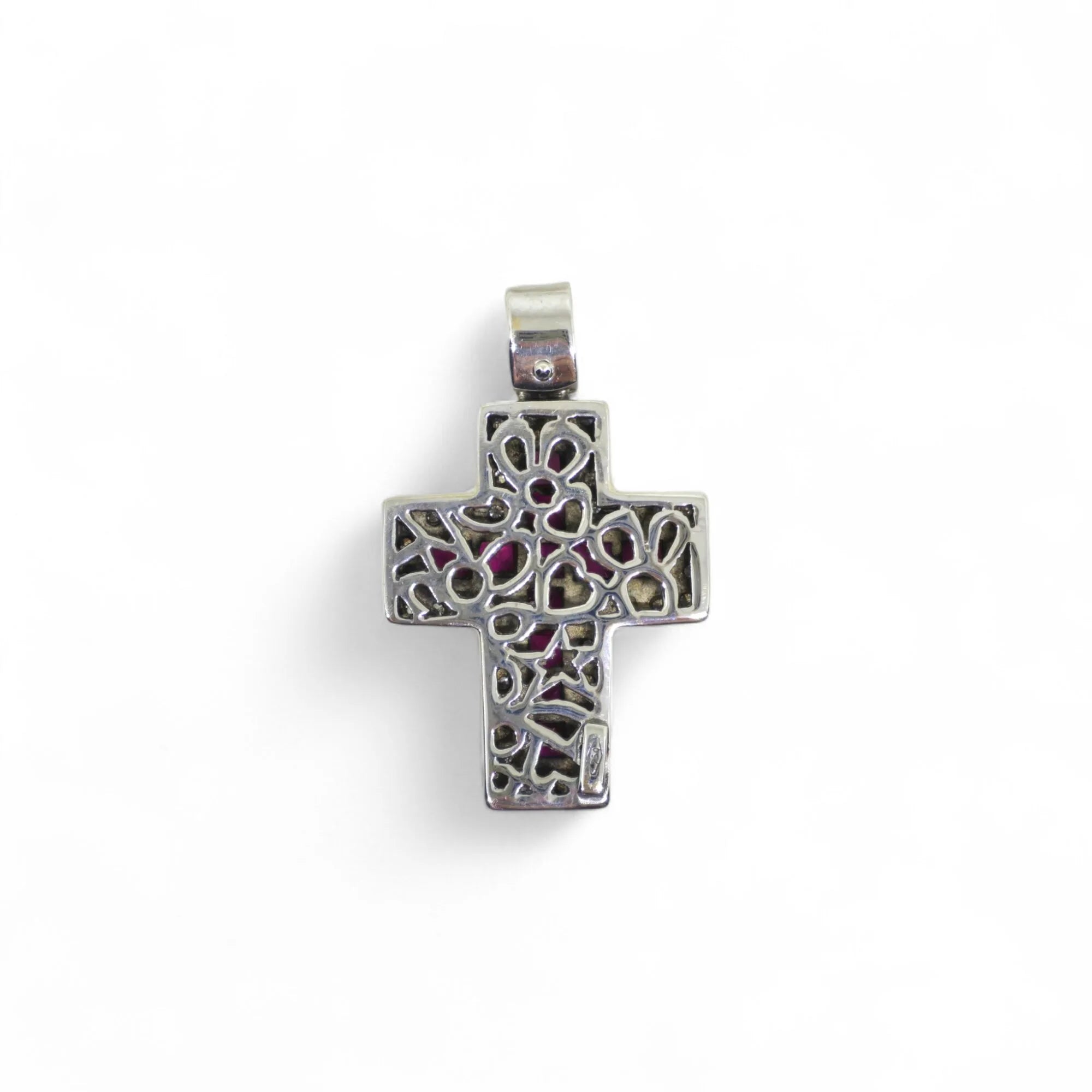 Pendente croce in oro bianco 18 kt con rubini rossi