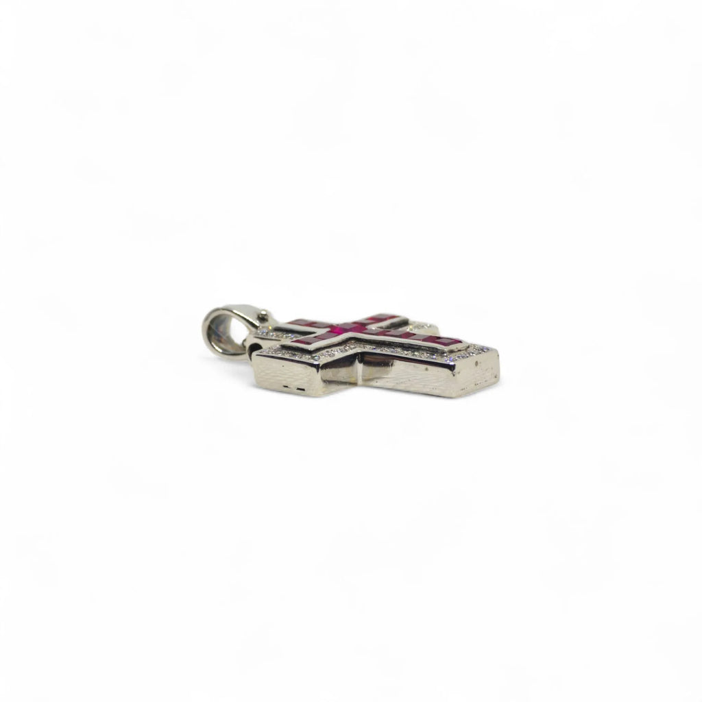Pendente croce in oro bianco 18 kt con rubini rossi