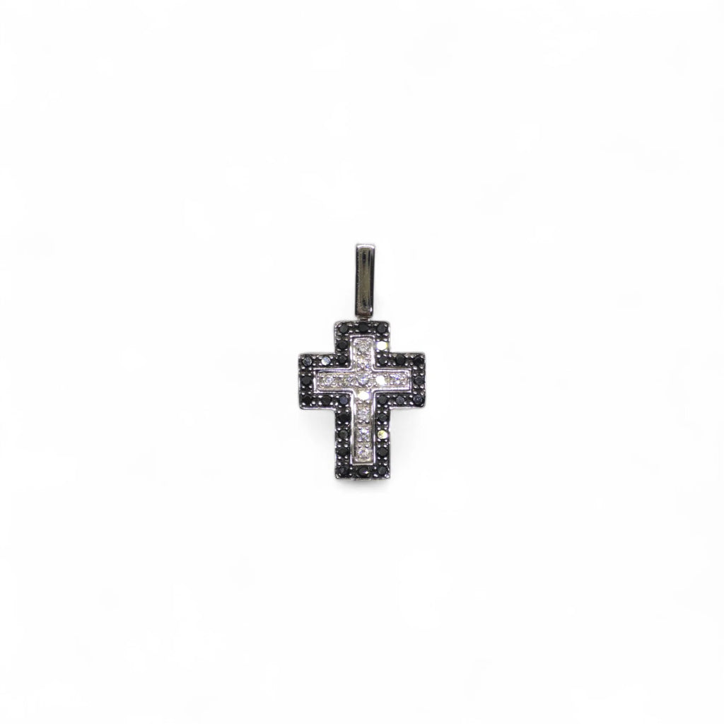 Pendente croce in oro bianco 18 kt e diamanti bianchi e neri