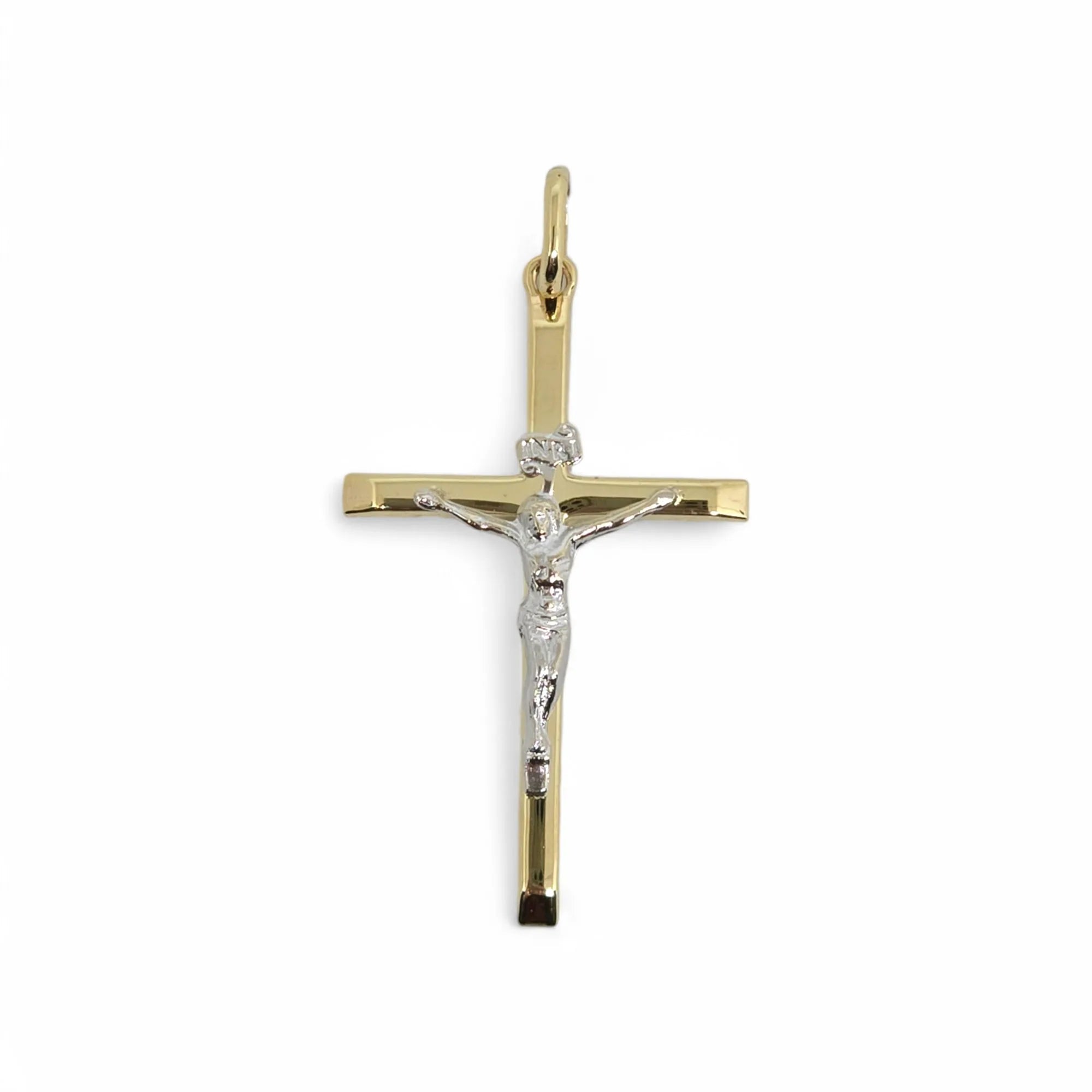 Pendente croce in oro giallo 9 carati con cristo in oro bianco