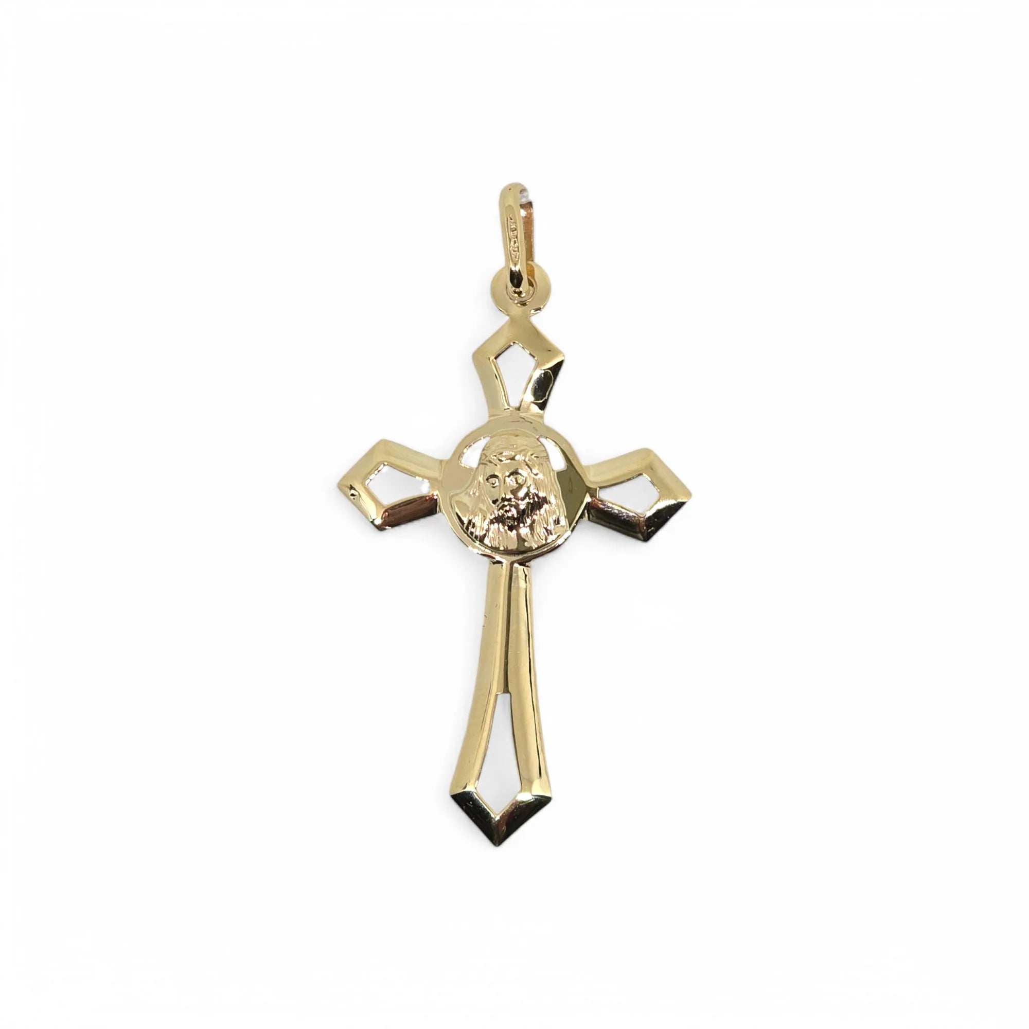 Pendente croce in oro giallo 9 carati con volto del cristo