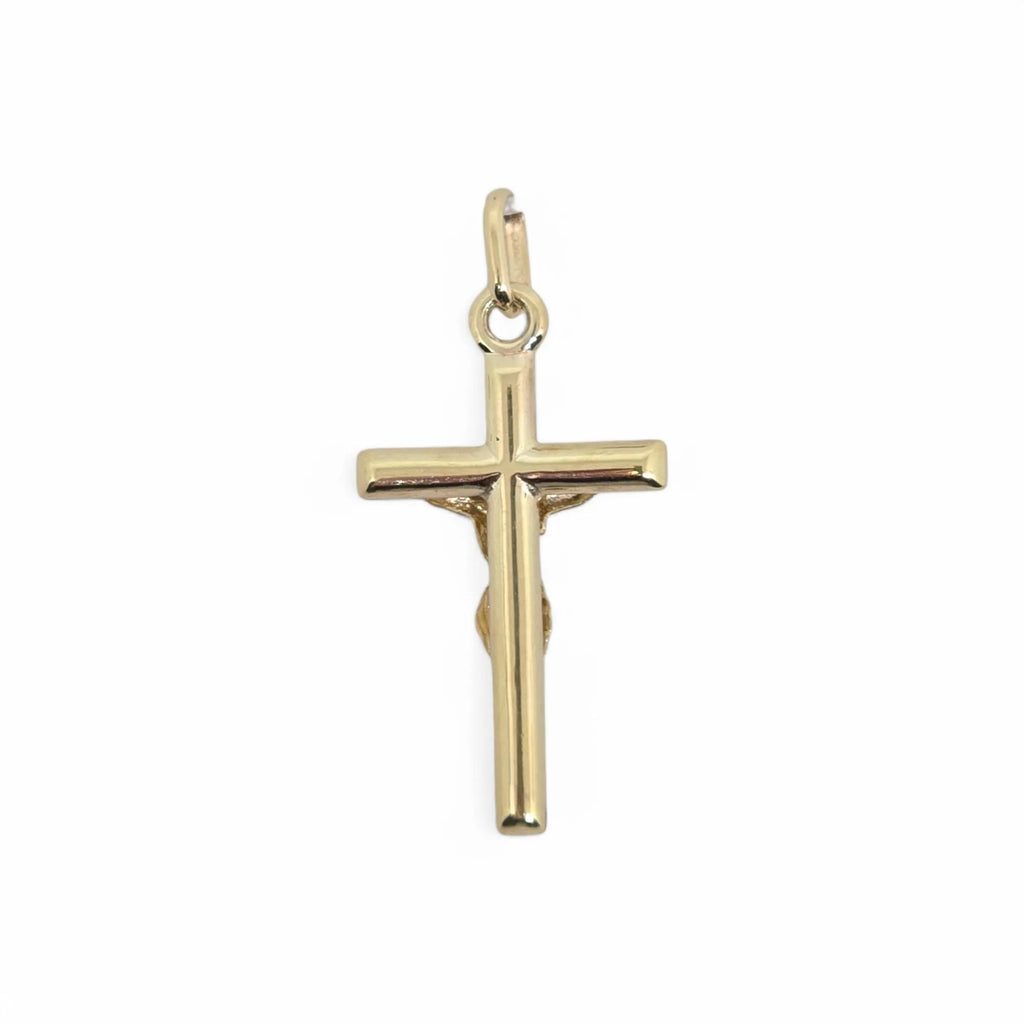 Pendente croce scatolata in oro giallo 9 carati con cristo