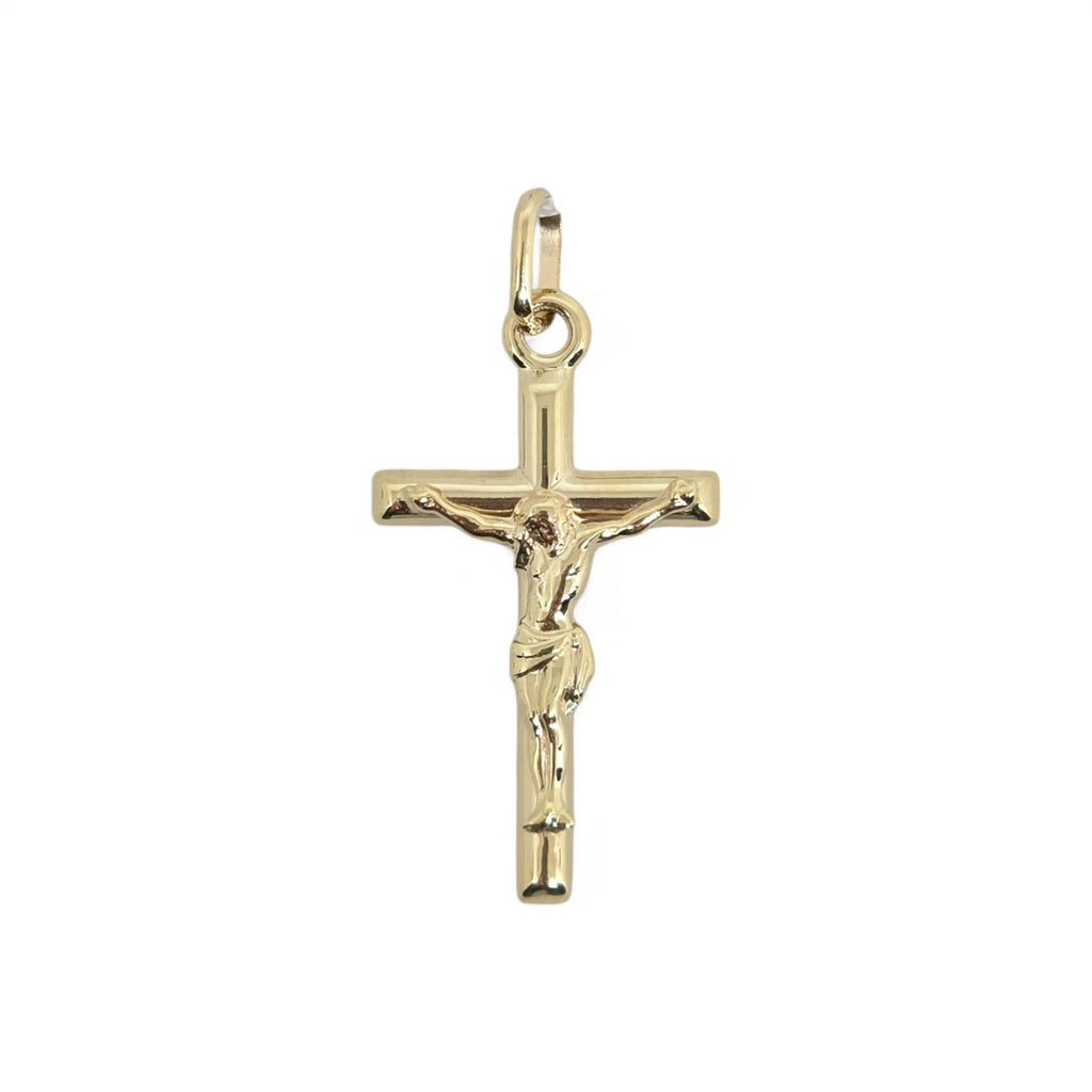 Pendente croce scatolata in oro giallo 9 carati con cristo