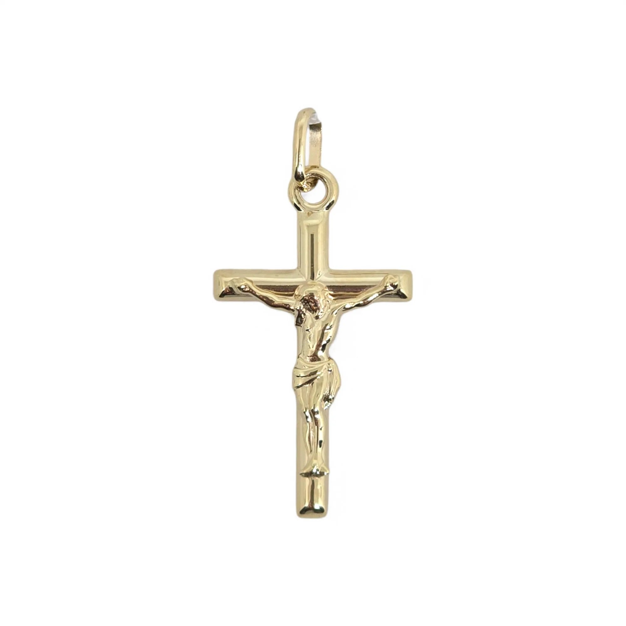 Pendente croce scatolata in oro giallo 9 carati con cristo