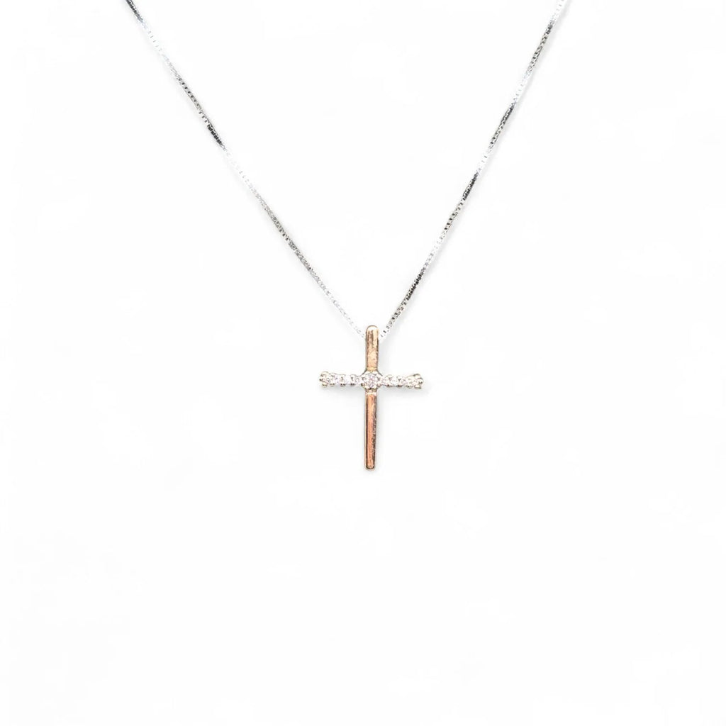 Collana in Oro Bianco con Pendente a Croce Bicolore in Oro Rosa e Oro Bianco
