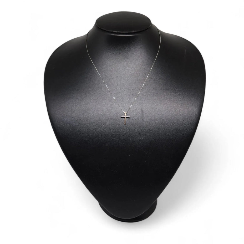Collana in Oro Bianco con Pendente a Croce Bicolore in Oro Rosa e Oro Bianco