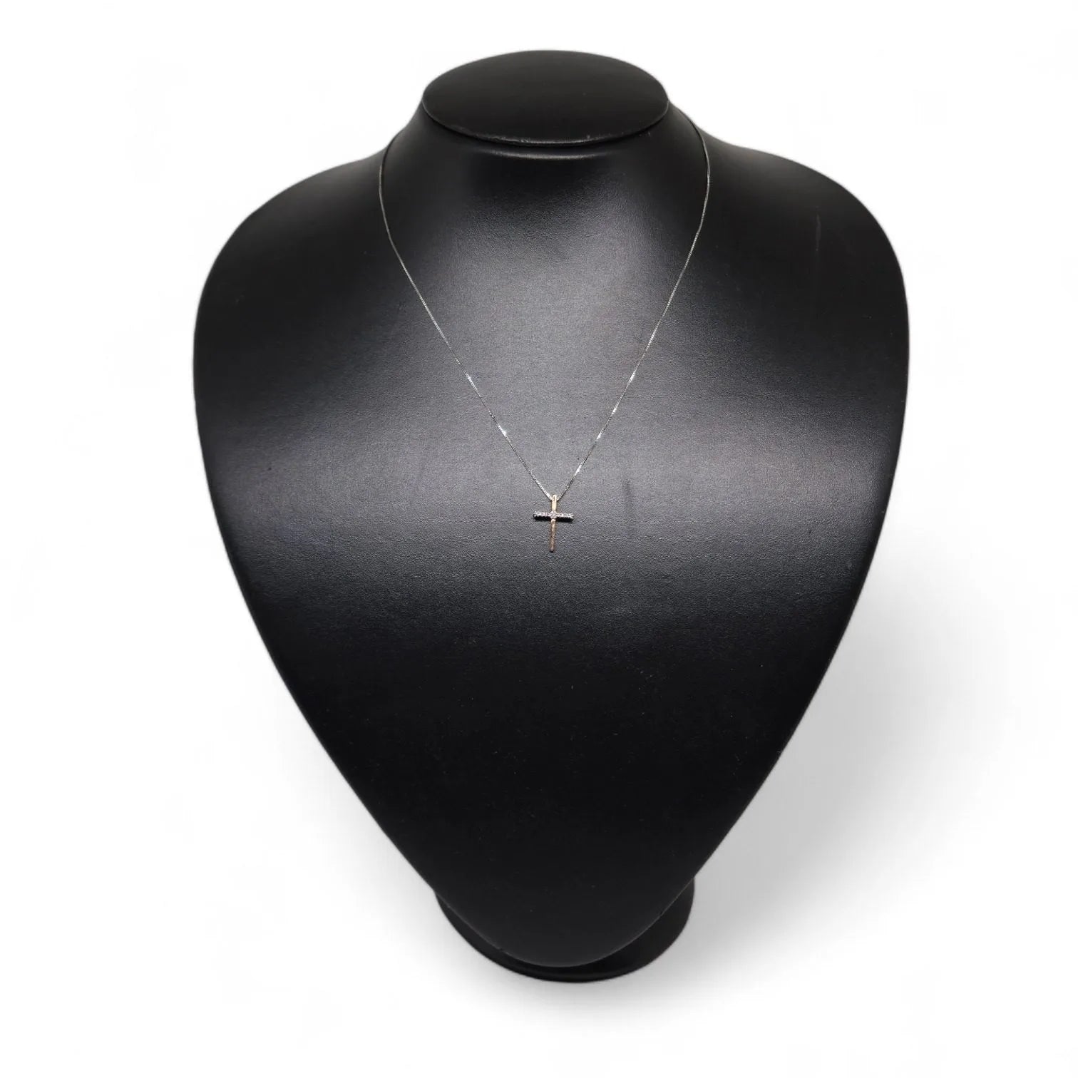 Collana in Oro Bianco con Pendente a Croce Bicolore in Oro Rosa e Oro Bianco