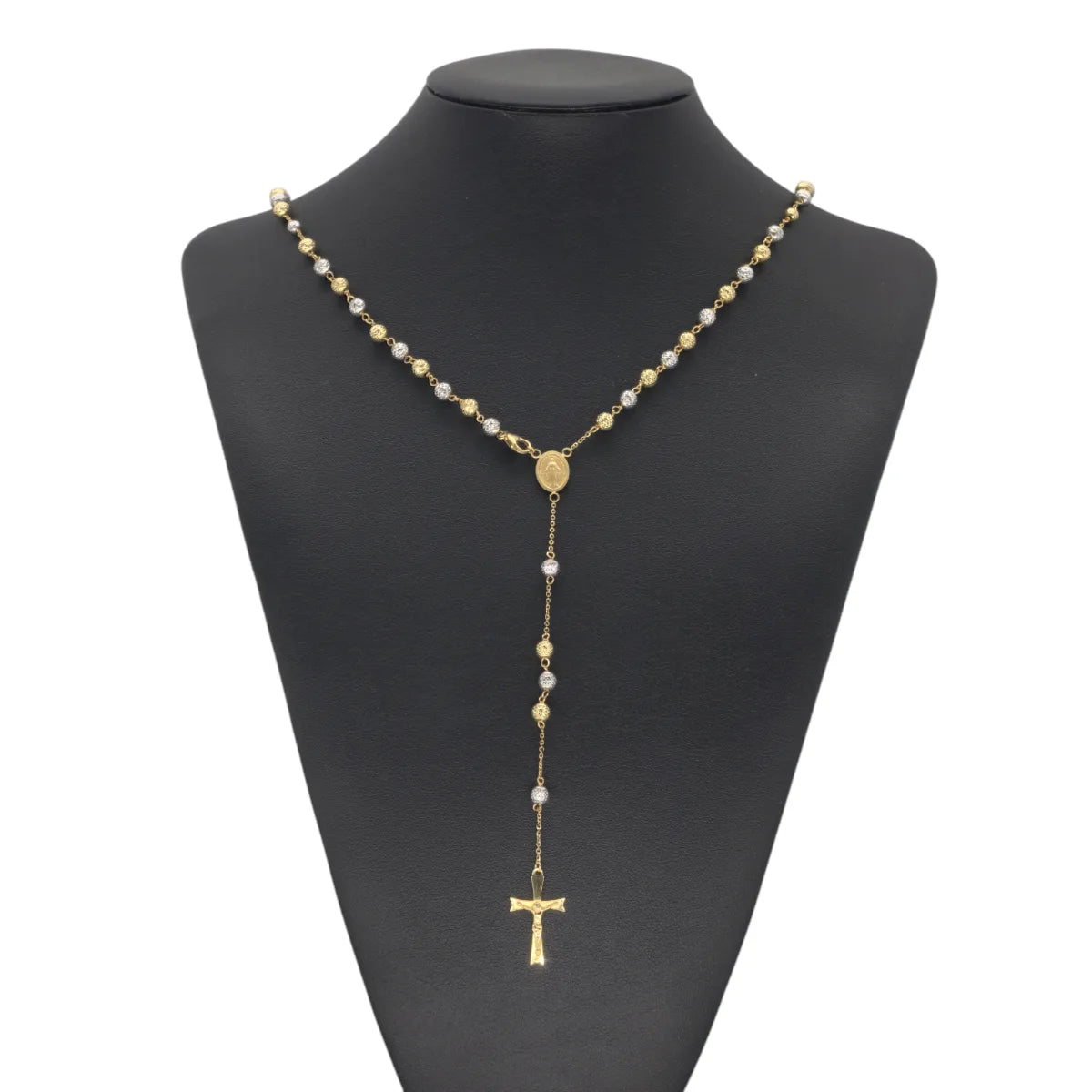 Rosenkranz-Halskette aus 18 Karat Gelbgold mit satinierten, zweifarbigen Kugeln, 60 cm