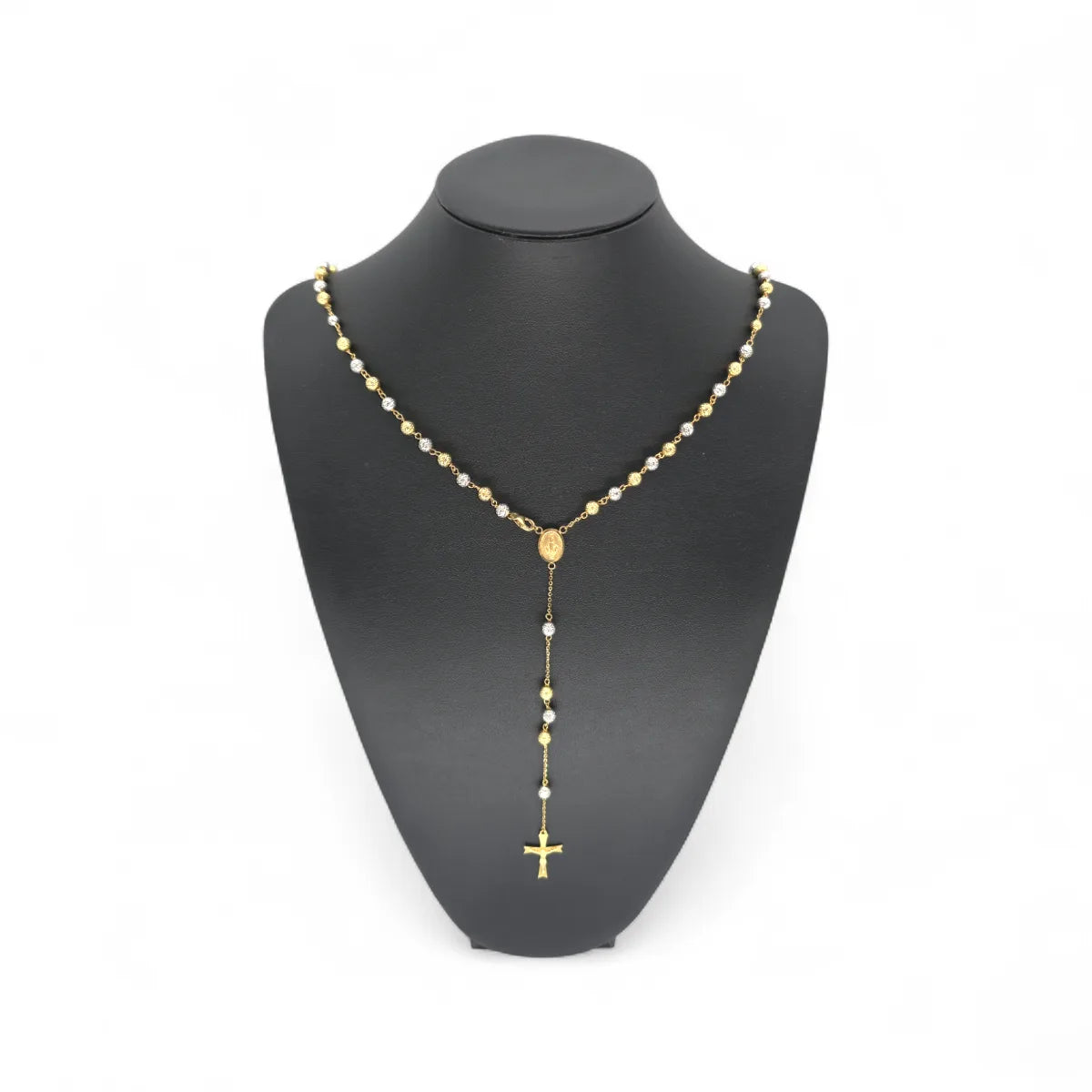 Rosenkranz-Halskette aus 18 Karat Gelbgold mit satinierten, zweifarbigen Kugeln, 60 cm