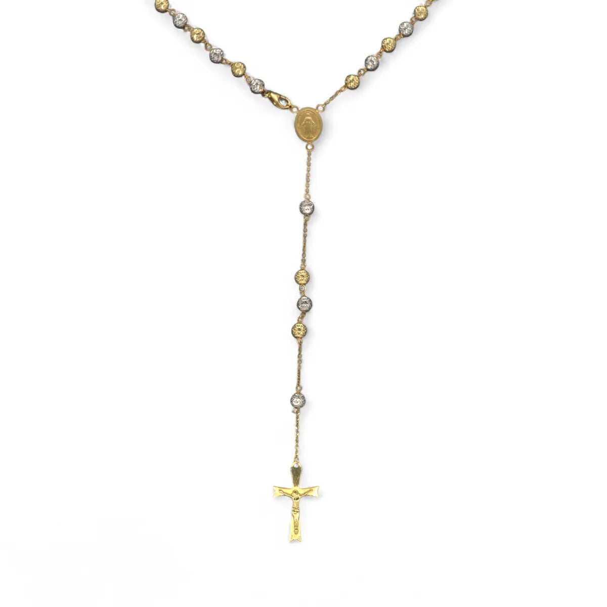 Rosenkranz-Halskette aus 18 Karat Gelbgold mit satinierten, zweifarbigen Kugeln, 60 cm