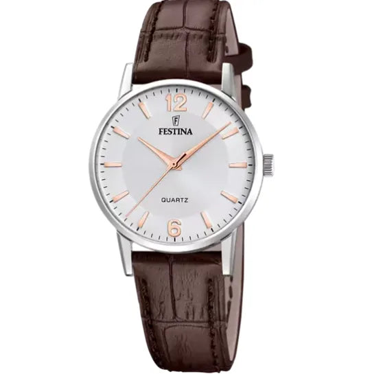 Damenuhr Festina F20691/2 - Feminine Eleganz mit weißem Zifferblatt und braunem Lederarmband