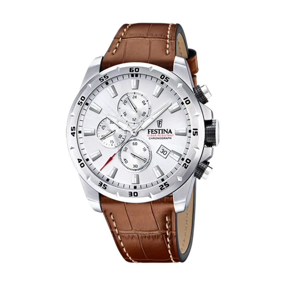 Festina Uhr F20692/1 - Klassische Eleganz mit silbernem Edelstahlgehäuse, silbernem Zifferblatt und braunem Lederarmband