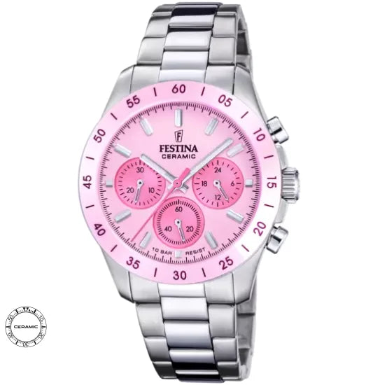 Festina Uhr F20693/2 – Eleganz und moderner Stil mit rosa Zifferblatt, Gehäuse aus Keramik-Edelstahl und grauem Armband