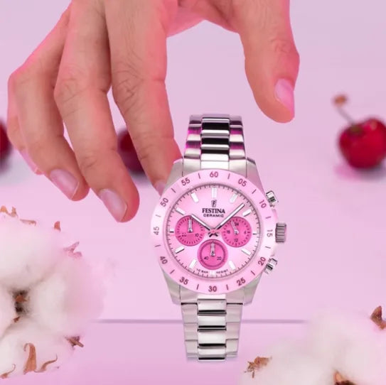 Festina Uhr F20693/2 – Eleganz und moderner Stil mit rosa Zifferblatt, Gehäuse aus Keramik-Edelstahl und grauem Armband