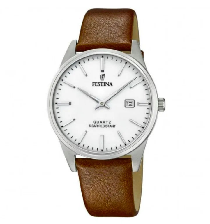 Festina Classics Herrenuhr F20512/2 - Weißes Zifferblatt und braunes Lederarmband
