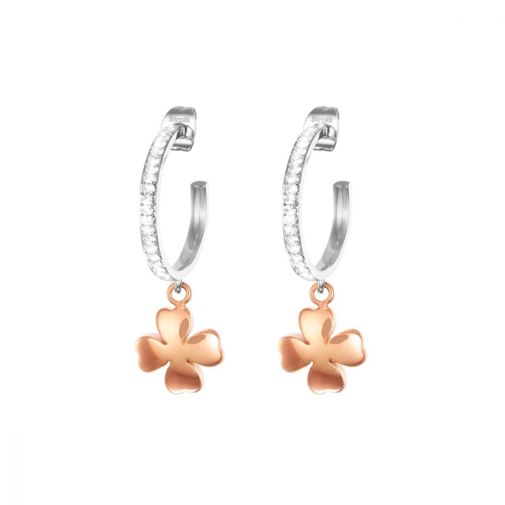 Stroili orecchini donna cerchio acciaio quadrifoglio rosè e cristalli lady chic 1680349