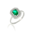 Anello in Oro Bianco 9ct con Zircone Rettangolare Verde e Zirconi Bianchi