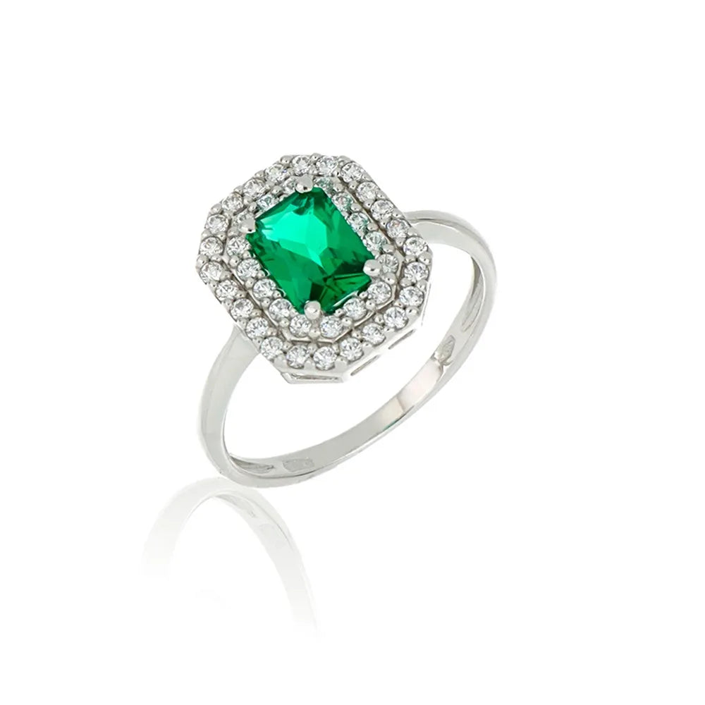Anello in Oro Bianco 9ct con Zircone Rettangolare Verde e Zirconi Bianchi