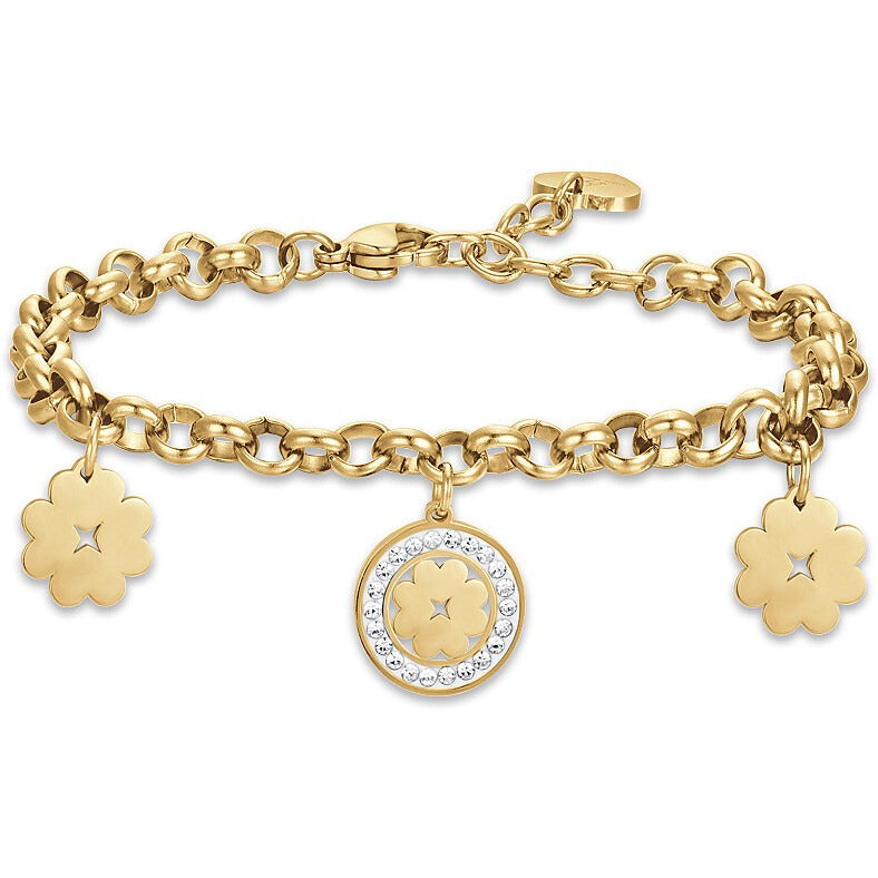 Bracciale acciaio dorato donna gioielli Luca Barra con ciondoli quadrifoglio BK2539