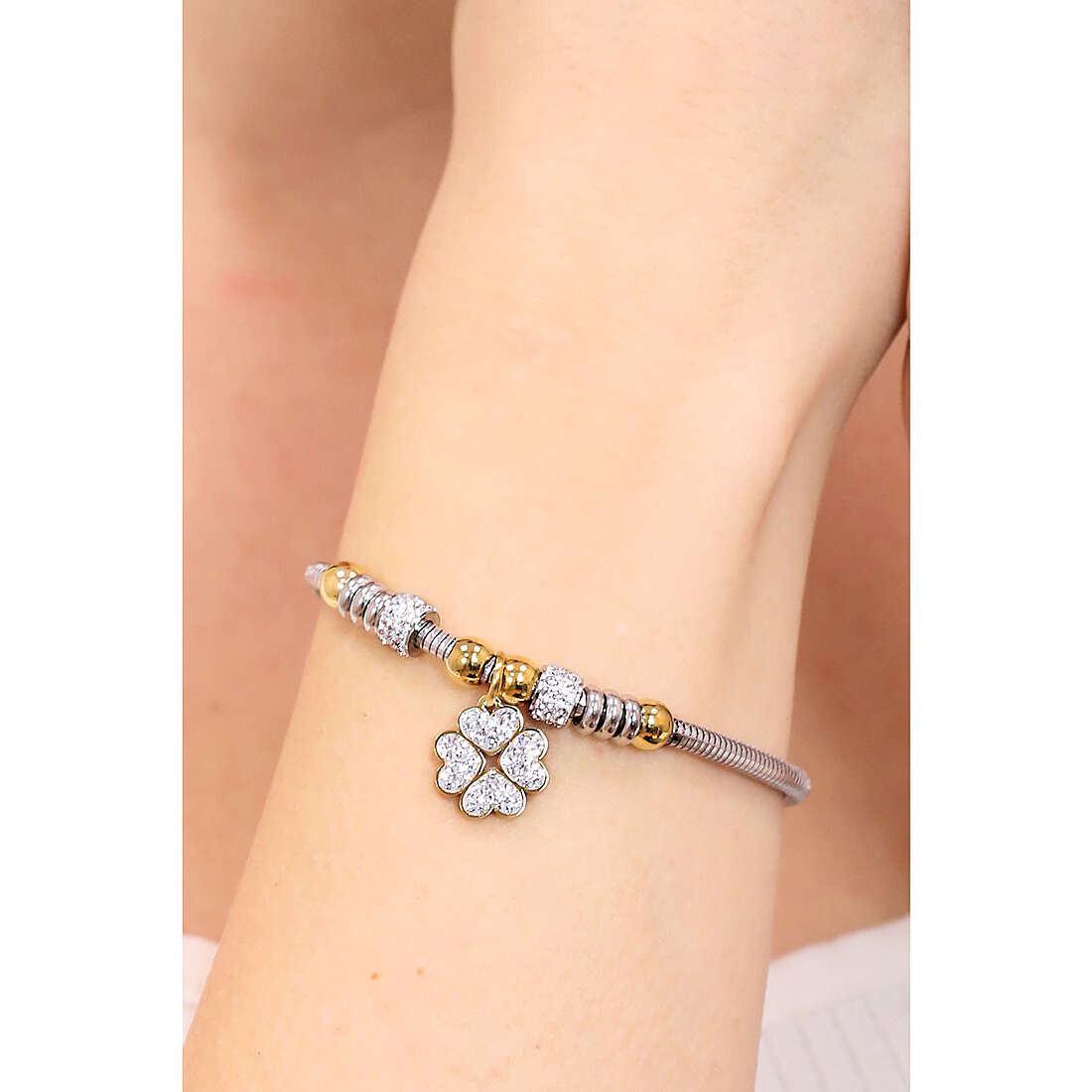 Bracciale donna gioielli Luca Barra bk2337 con ciondolo quadrifoglio dorato
