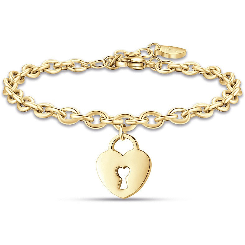 Bracciale donna gioielli Luca Barra bk2167 in acciaio dorato e ciondolo cuore lucchetto