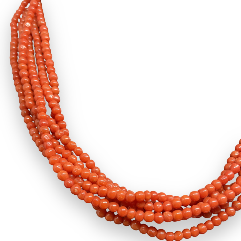 Collana con 6 file di piccole pietre di corallo rosso 3mm