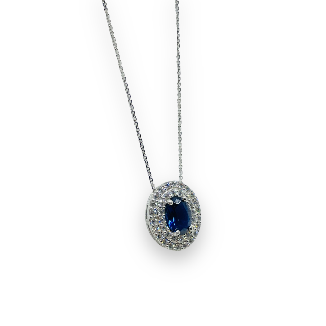 Collana iGold ovale grande con punto luce blu in Oro bianco 375 9Kt