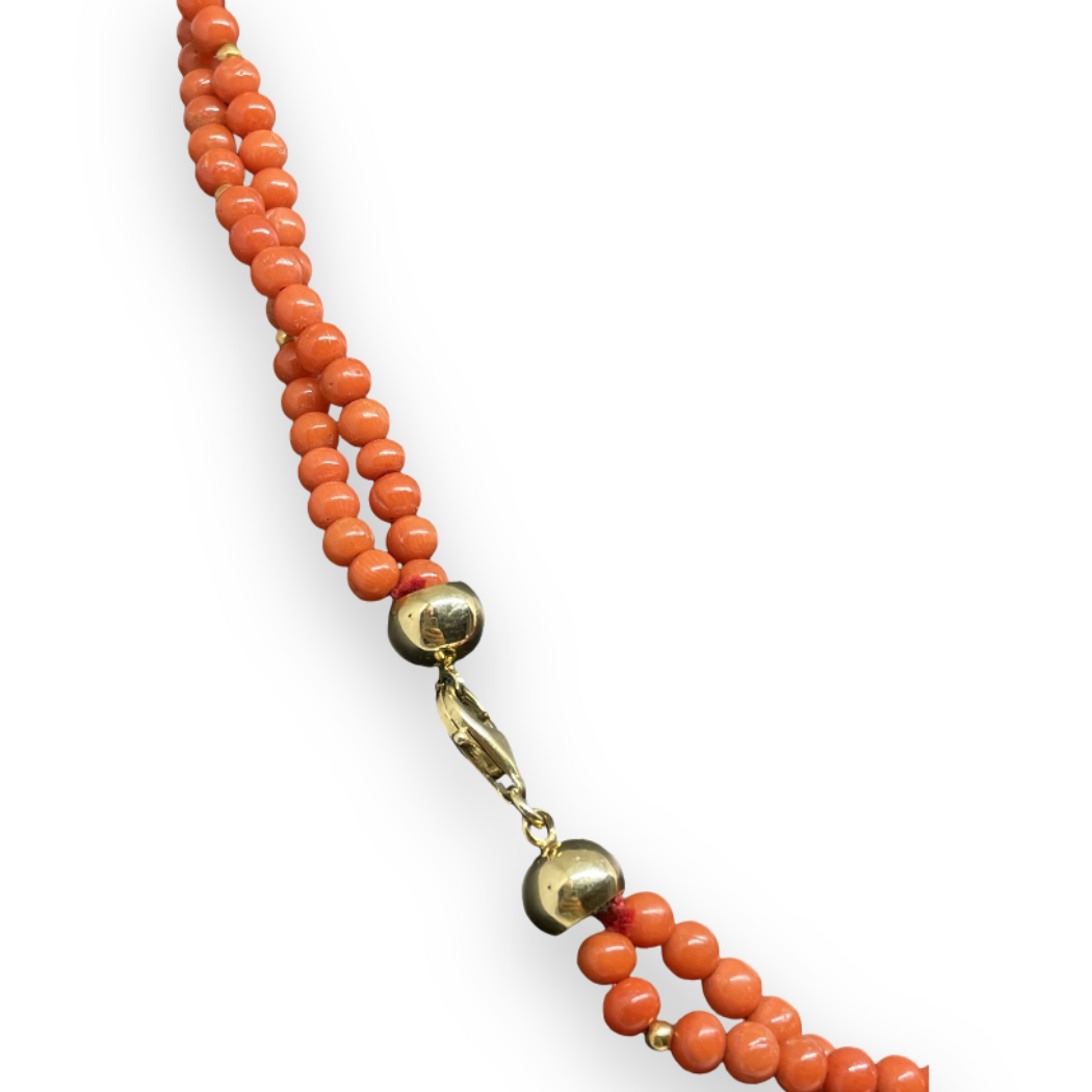 Collana con due file di piccole pietre di corallo rosso e Oro 750 18KT
