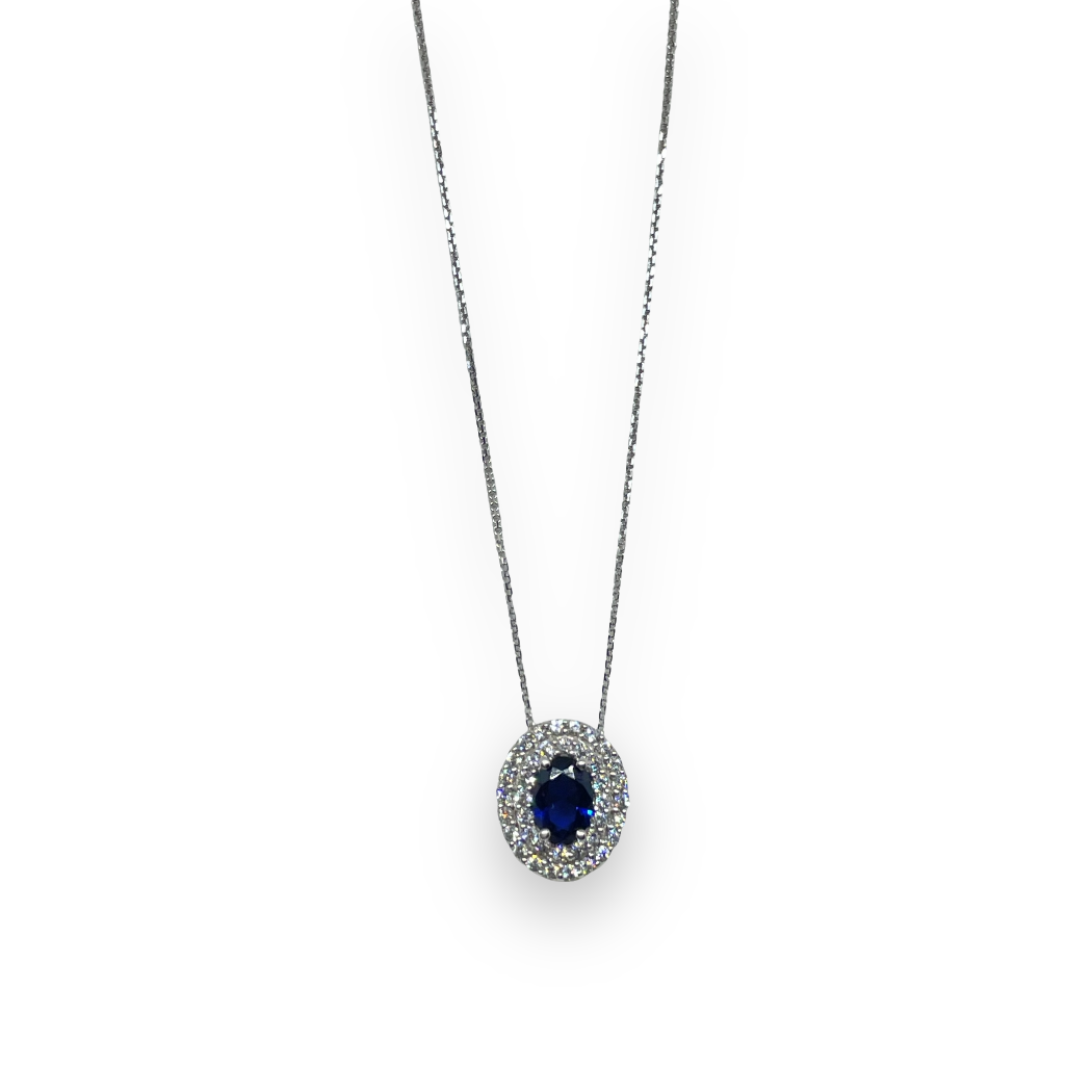 Collana iGold ovale grande con punto luce blu in Oro bianco 375 9Kt