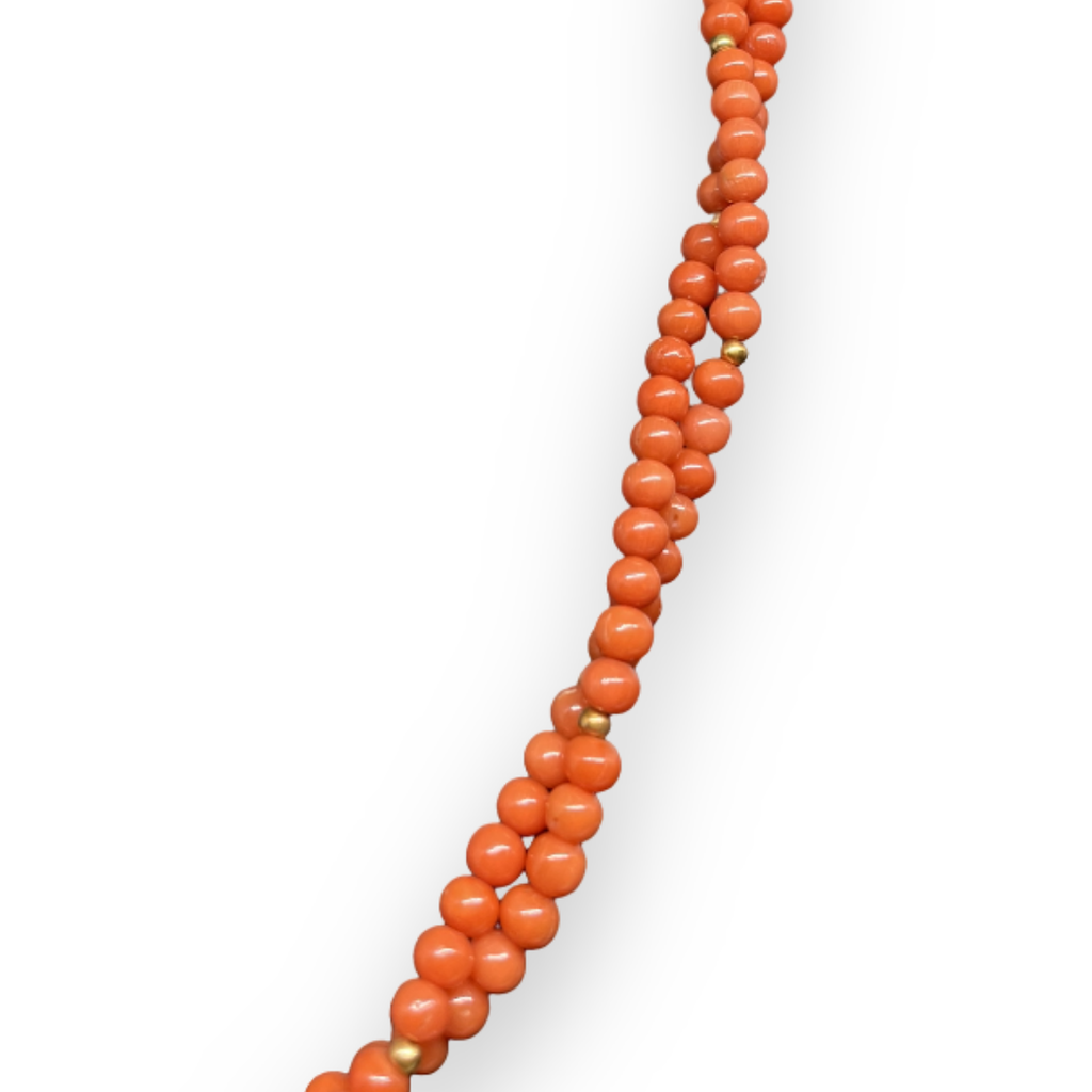 Collana con due file di piccole pietre di corallo rosso e Oro 750 18KT