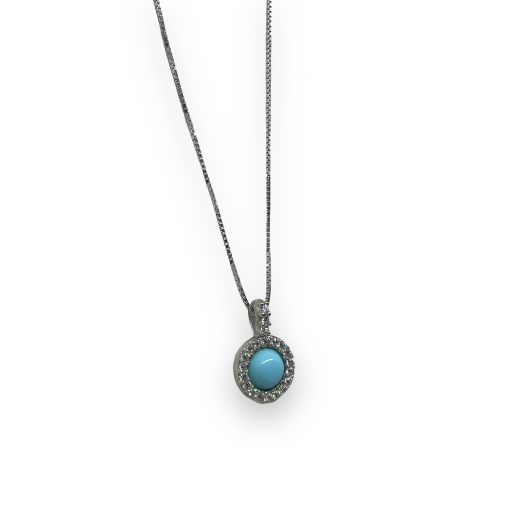 Collana in argento con ciondolo circolare in pietra turchese e zirconi bianchi