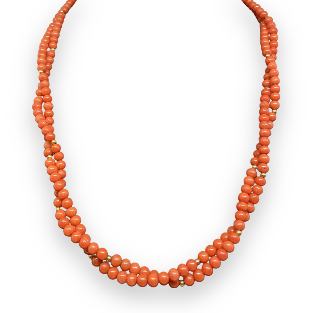 Collana con due file di piccole pietre di corallo rosso e Oro 750 18KT