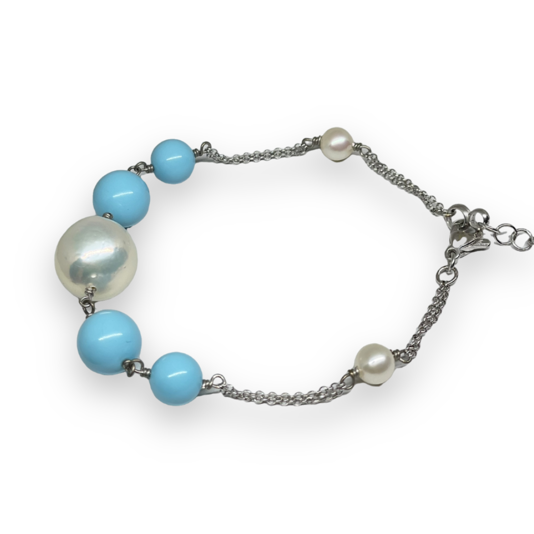 Bracciale in pietra turchese con perle bianche PBR2470