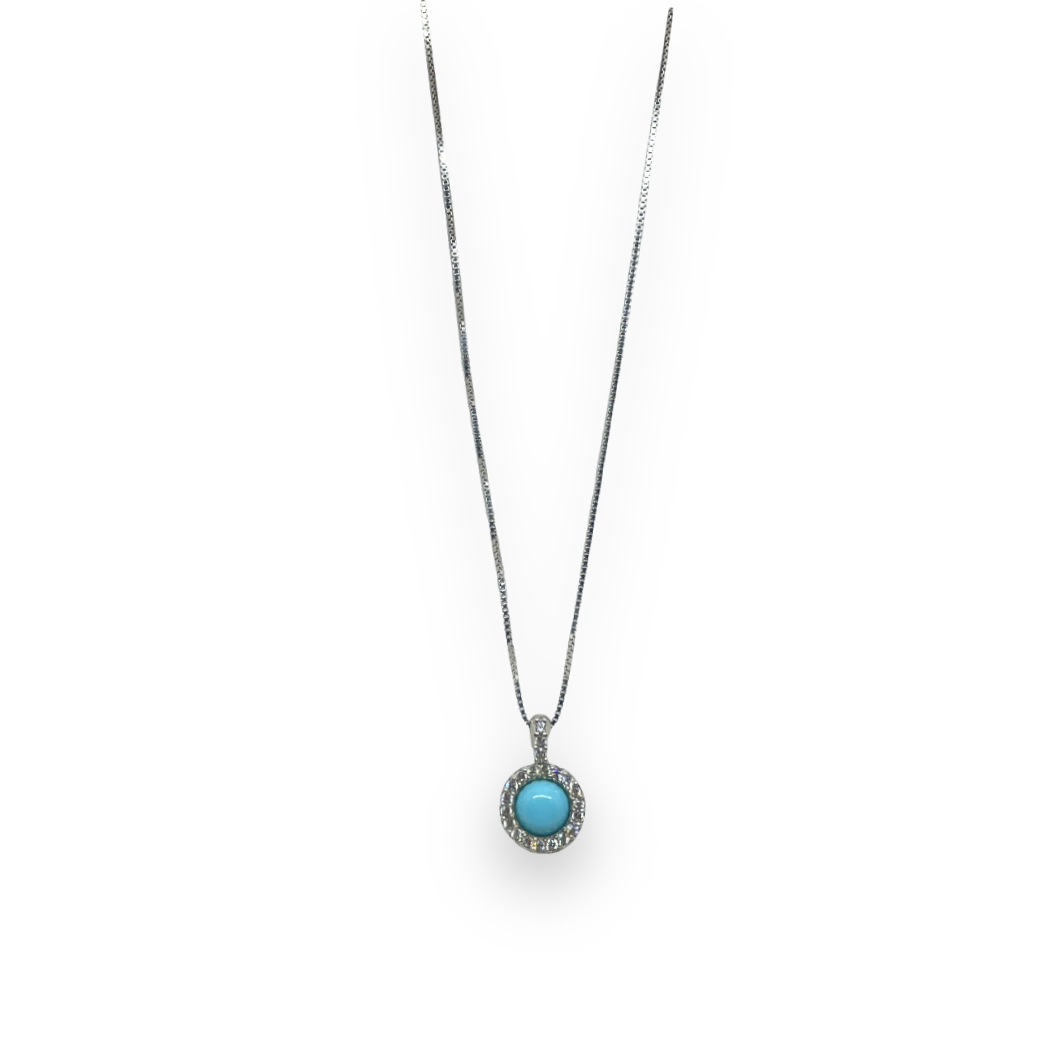 Collana in argento con ciondolo circolare in pietra turchese e zirconi bianchi