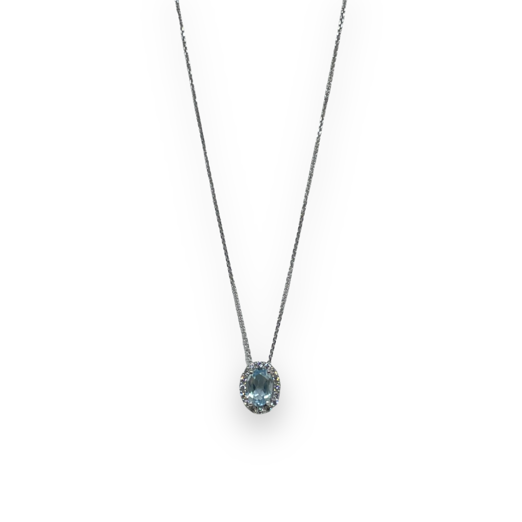 Collana iGold con punto luce celeste ovale in Oro bianco 375 9Kt