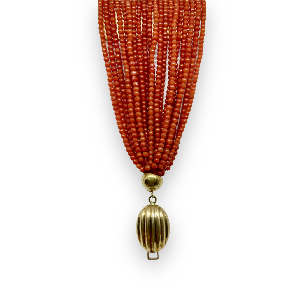 Collana con 20 fili di corallo rosso con chiusura particolare in Oro 750 18 KT (0,3mm)