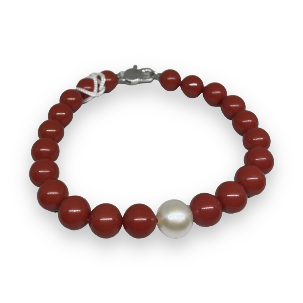 Bracciale in corallo rosso con perla bianca