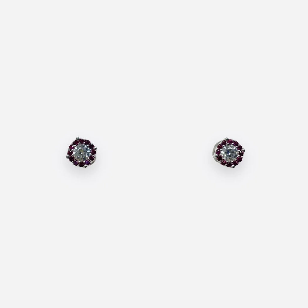 Orecchini iGold in oro bianco 375 9Kt con punto luce e cornice magenta