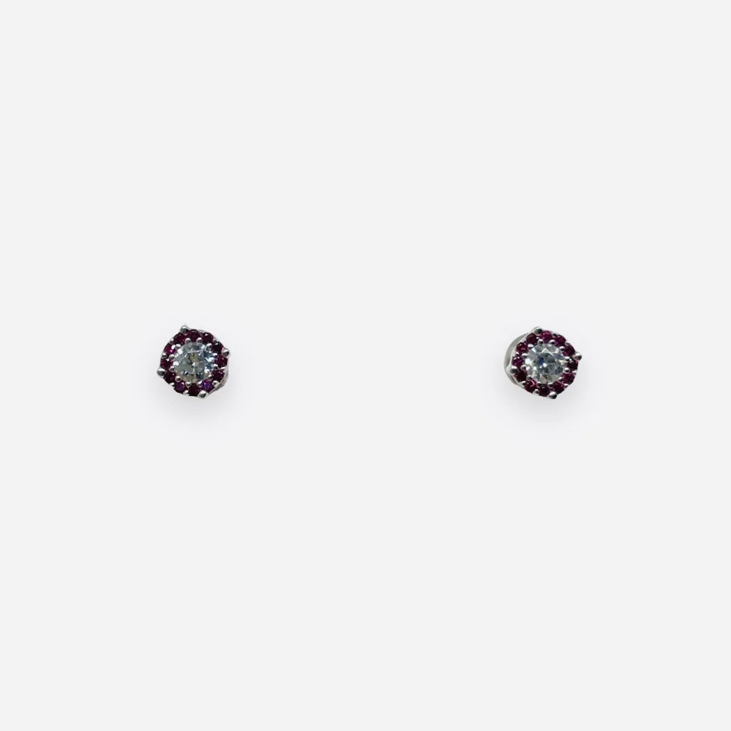 Orecchini iGold in oro bianco 375 9Kt con punto luce e cornice magenta